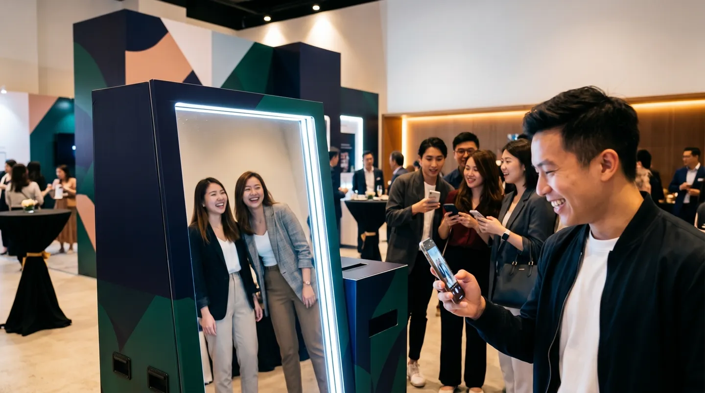 Pengunjung berkumpul di sekitar booth informasi dalam event outdoor — contoh brand activation yang menarik